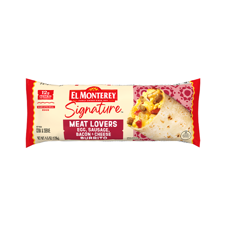 El Monterey Signature Meat Lovers Egg, Sausage, Bacon & Cheese Burrito, single