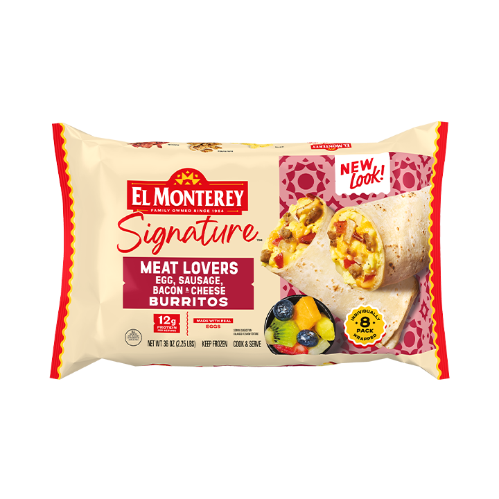 El Monterey Signature Meat Lovers Egg, Sausage, Bacon & Cheese Burritos, 8 count